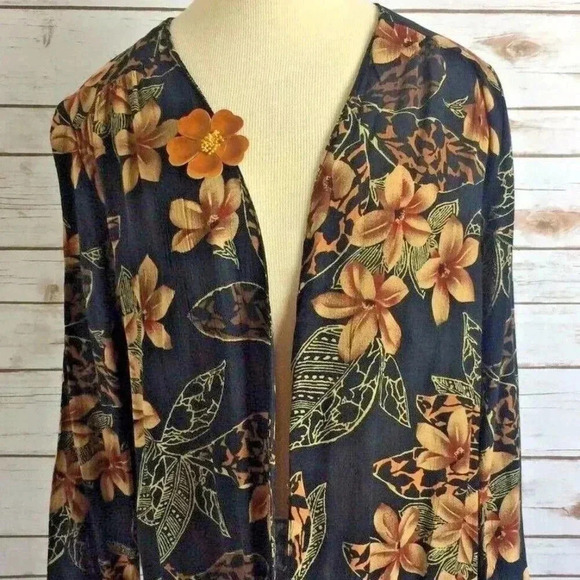 Sequel Tops - SEQUEL Women Long Sleeve Floral Black & Brown Collarless Cardigan Blouse Size 6